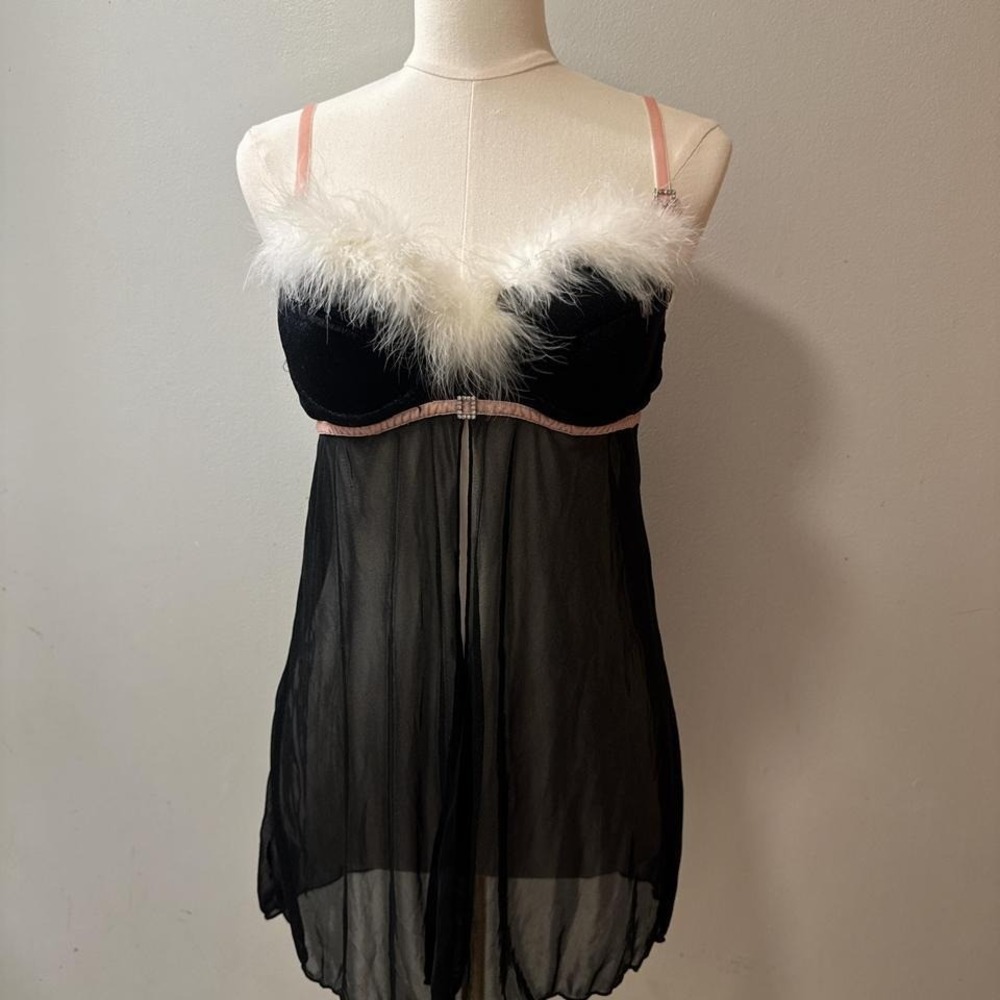 Y2K Inner Secrets Black Shimmer Babydoll Slip Dress  Faux Feather size Women's M